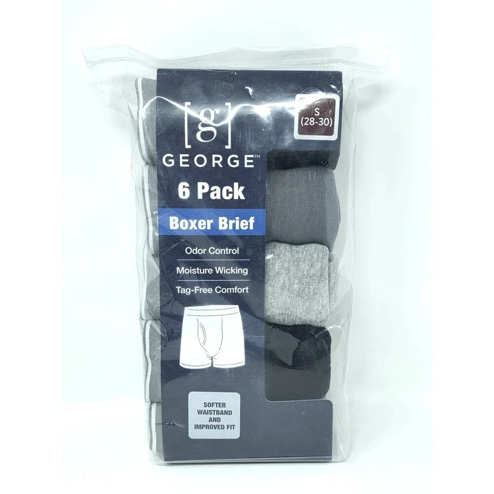 George 6-pk Men's S Cotton Regular Leg Boxer Briefs Black Gray Tagless Wicking